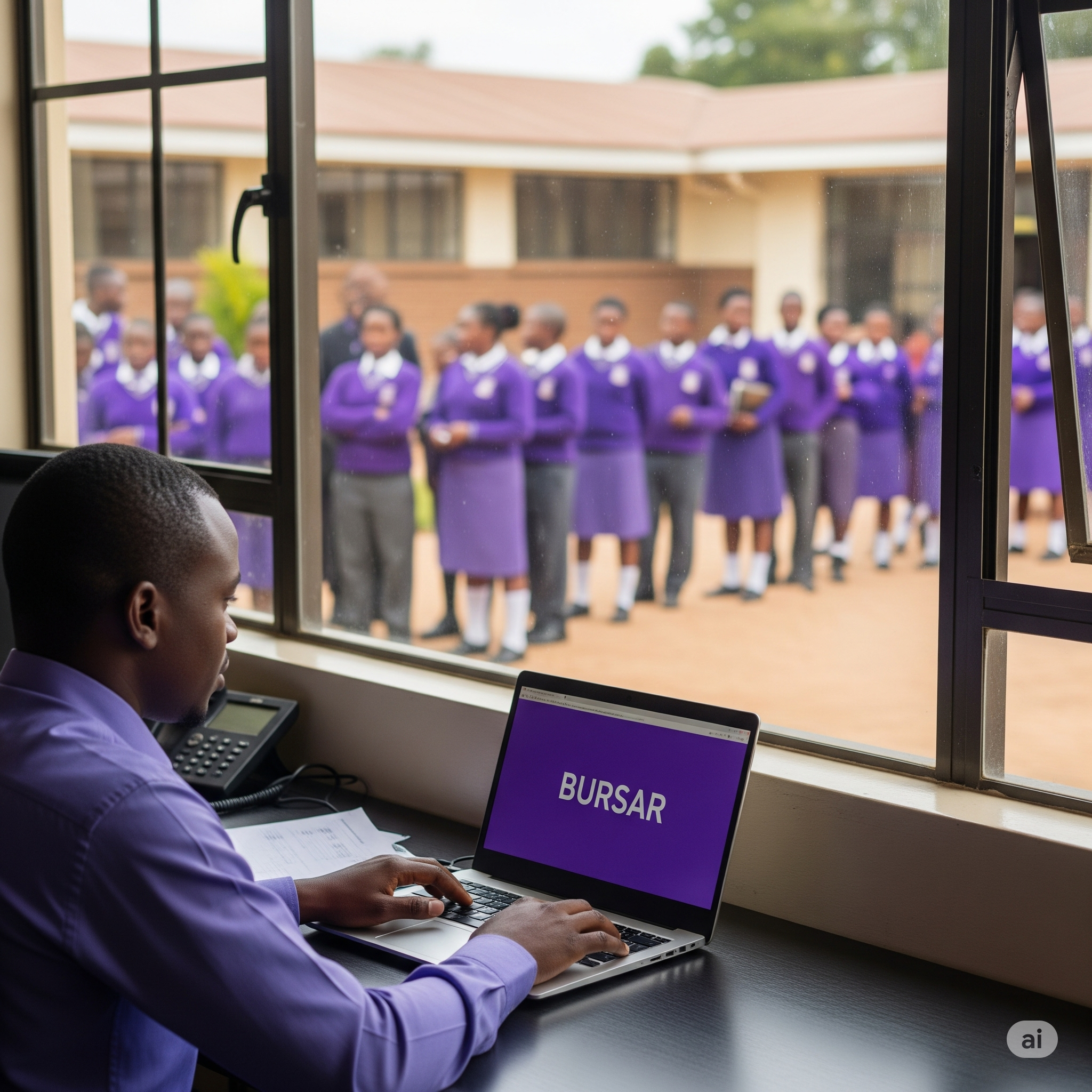 Bursar working on a laptop with school management system, Kenyan school background